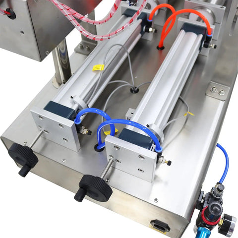 Heavy Duty Pneumatic Liquid Filler Workhorse With Heating And Mixing Functions showcases dual fill nozzles and stainless steel frame.