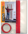 Packaging of Red ZipDoor Kit For Dust Protection In Remodeling Jobs Pro Grade Flame Retardant Plastic Door Cover With Preinstalled Zippers Easy Access Barrier 4 Mil Thick Heavy Duty Commercial Grade 1 Pack, showing flame-retardant panel and red zipper.