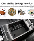 Center Console Organizer for 2022 2023 2024 2025 2026 Hyundai Tucson SEL SE XRT Armrest Storage Box showcasing storage capabilities.