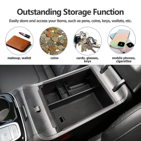 Center Console Organizer for 2022 2023 2024 2025 2026 Hyundai Tucson SEL SE XRT Armrest Storage Box showcasing storage capabilities.