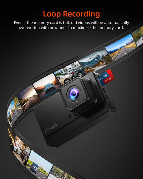 1080P FHD Car Dash Cam With 176 Degree Wide Angle Night Vision Parking Monitor Loop Recording G Sensor 32GB SD Card Type C 3 Inch IPS Display Crystal Clear Front Camera showcasing loop recording feature.