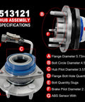 Pair 513121 Front Wheel Bearing Hub Assembly For GM Vehicles, 5 Lug, ABS with specifications shown on image.