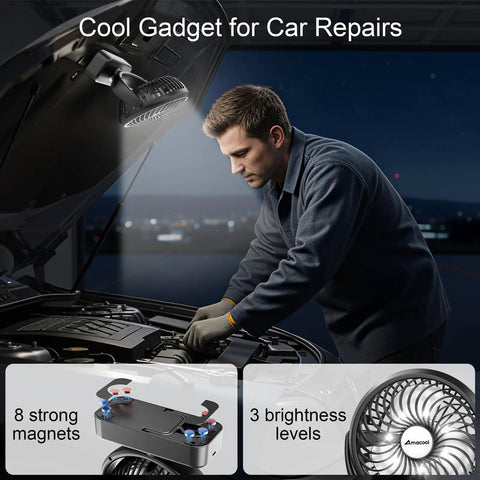Mechanic using Magnetic Cruise Golf Cart Fan 10000mAh Portable Cooling Buddy under car hood at night