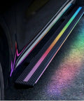Slick Electric Deployable Running Boards For Tesla Cybertruck with colorful LED lighting on heavy duty cast aluminum side steps.
