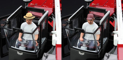 1:35 Yanmar YH6115 Futuristic Combine Harvester Model Kit With Multicolored Parts showing two operator figures in the cabin.