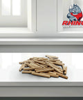 Heavy Duty 1/4 Inch By 2 Inch Kiln Dried Birch Wood Dowel Pins 100 Pack arranged on a white surface for furniture assembly.