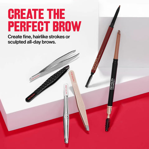 Precision Slant Tip Tweezer For Easy Hair Removal, Stainless Steel Grooming Tool with eyebrow pencils and brushes on display