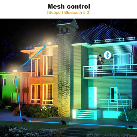 All Weather Outdoor LED Flood Light 8000LM RGBW Color Changing, IP66 Waterproof illuminating house facade at night