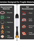 Image comparing recommended and not recommended materials for 48 Piece Adjustable Pin Vise Kit With Slick Aluminum Hand Drill And Killer High Speed Steel Micro Twist Drill Bits 0.5 To 3mm For Wood Resin Plastic Model Crafting Gear.