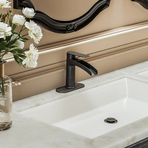 Oil Rubbed Bronze Waterfall Bathroom Sink Faucet With Single Handle 6 Inch Deck Plate Metal Pop Up Drain Assembly CUPC