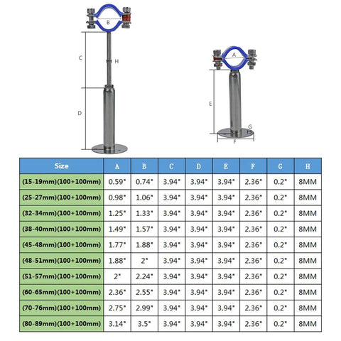 Two-pack stainless steel wall/ceiling pipe supports with blue adjustable clamps for 25–27mm OD pipe