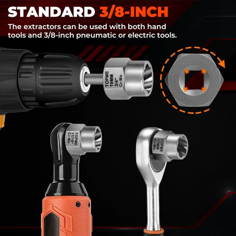Bolt Extractor Kit 14 Piece Impact Grade CRMO Steel Nut Remover Set With Three Eighths Inch Drive Socket For Removing Frozen Rusted Rounded Bolts And Lug Nuts Sizes Eight To Nineteen Millimeters In Automotive And Machinery Repair with various socket wrenches and detailed view.