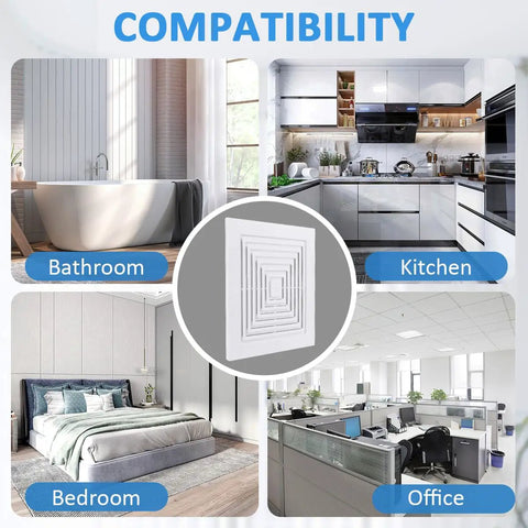 Replacement Grille Cover For Bathroom Exhaust Fan Square Ceiling Or Wall Mount Fits 97011723 663 670 671 675 688 689 Vent Fans White Plastic Grille Easy Install shown with compatibility in bathroom, kitchen, bedroom, and office environments.