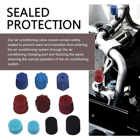 Image of 26Pcs R12 R134a AC Caps For Car 10 Sizes Valve Core Dust Cover Kit with caps shown on vehicle.
