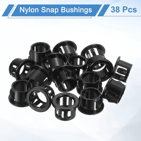 Set Of 38 Nylon Snap Bushing Grommets Half Inch Mounting Dia Black Round Cable Hole Protectors For Wiring in a 38-piece pack