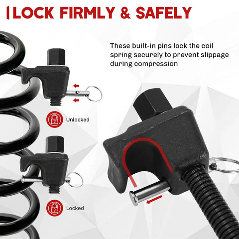MacPherson Strut Spring Compressor Tool Kit with locking pins for safe precise coil spring compression in use