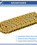 Golden 420 chain replacement, 132 links, heavy duty, alloy steel for 50cc to 150cc mini bikes, ATVs, dirt bikes shown with features.