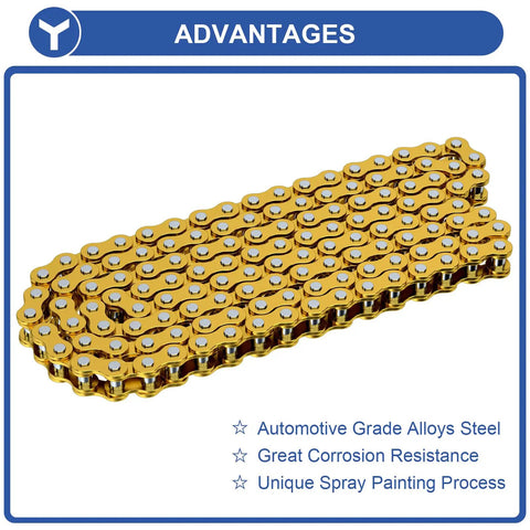 Golden 420 chain replacement, 132 links, heavy duty, alloy steel for 50cc to 150cc mini bikes, ATVs, dirt bikes shown with features.