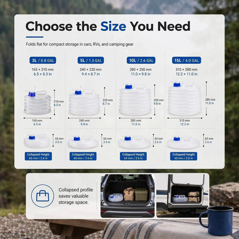 Foldable Water Storage Container With Spigot For Camping And Outdoor Adventures, 10L (2.6 Gal), different sizes displayed
