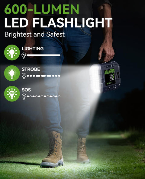 Person holding Beast Portable Car Jump Starter With Air Compressor 6000A Peak 160 PSI showing LED flashlight feature in use at night