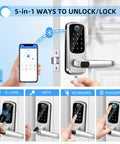 Smooth Zero Stress Smart Door Lock With Handle Delivers Slick Fingerprint Keypad And Remote Alexa Compatible Access shows 5-in-1 unlocking methods.