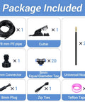 Package contents: 5/8 mm PE pipe, cutter, connectors, tees, nozzles, zip ties for 65 Foot Drip Irrigation Kit With Quick Connect