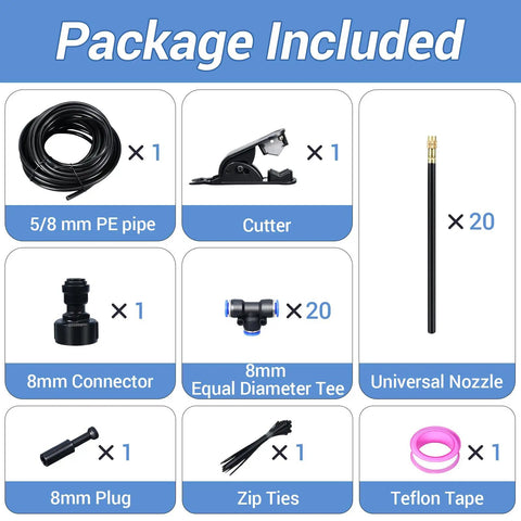 Package contents: 5/8 mm PE pipe, cutter, connectors, tees, nozzles, zip ties for 65 Foot Drip Irrigation Kit With Quick Connect
