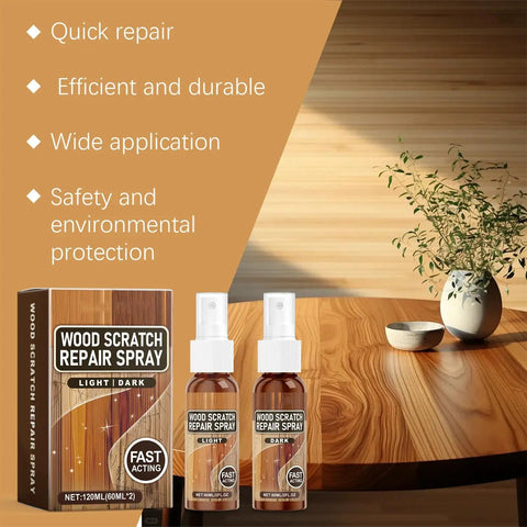 Wood Scratch Repair Spray for Furniture and Floors, Quick Fix That Restores Finish, product bottles and box on a wooden table.
