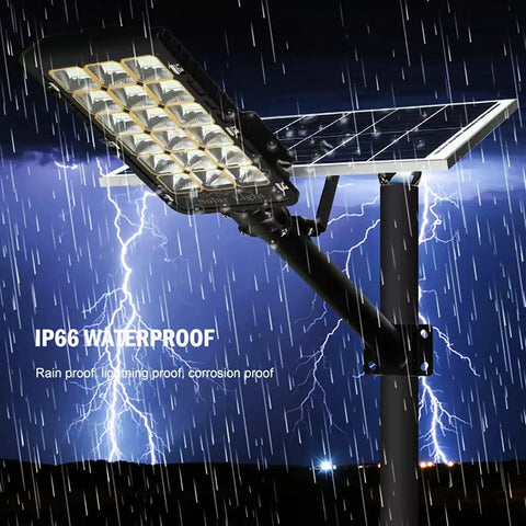 JUDYSSY Patio Lightingsolar Flood Lights Outdoor with IP66 waterproof solar panel under heavy rain, showing durability and robust design.