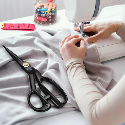 Heavy Duty 8 Inch Fabric Scissors For Thick Materials And Leather beside sewing machine and fabric