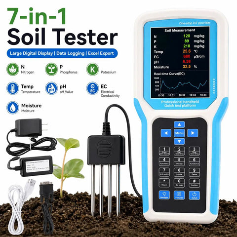 7 In 1 Soil Tester With Large Digital Display And Real Time Data Logging For Temperature Conductivity Nitrogen And More Handheld Soil Meter For Garden Lawn Backyard And Indoor Plants, shown with accessories on soil