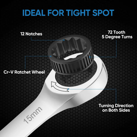 Close-up of 15mm Cr-V ratcheting wrench with 12 notches, rust-resistant chrome vanadium, ideal for tight spaces.