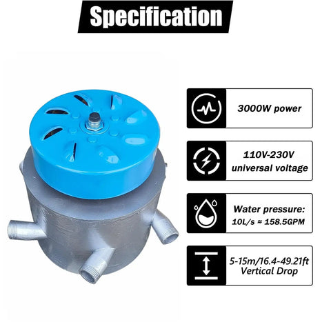 3KW Micro Hydropower Generator 110-230V Wide Voltage Portable Water Turbine with blue top and multiple intake valves