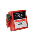 1-Inch Mechanical Fuel Meter With Three Wheels, Aluminum Housing, 5-20 GPM, red body, side view of rugged cast aluminum construction