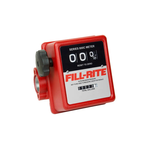 1-Inch Mechanical Fuel Meter With Three Wheels, Aluminum Housing, 5-20 GPM, red body, side view of rugged cast aluminum construction