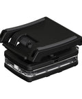 Hands Free Flashlight Strap Mount With Epaulet Clip for Uniform Epaulets, black, shown in closed position, magnetic mount visible.