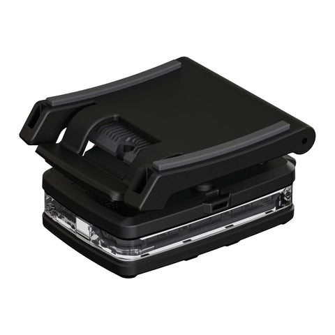 Hands Free Flashlight Strap Mount With Epaulet Clip for Uniform Epaulets, black, shown in closed position, magnetic mount visible.