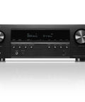 Front view of 7.2 Channel 8K HDR Home Theater Receiver with 75W per channel, remote control, and microphone for audio calibration.