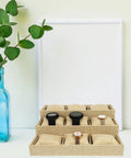 Top Tier Nine Grid Trapezoid Watch Tray Made From Premium Linen Burlap Jewelry Organizer for four watches on a desk.
