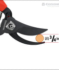 ComfortGEL Bypass Hand Pruner With Three Quarters Inch Cut Capacity Red Handle For Quick No Fuss Pruning Of Live Stems And Small Branches Reduces Plant Damage And Promotes Healthier Regrowth blade and cut size detail.