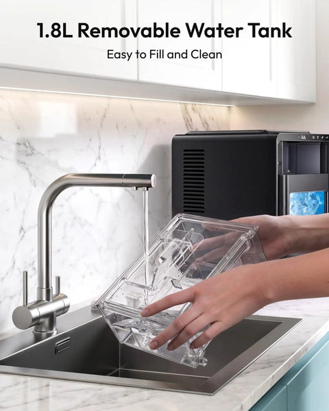 Countertop Crescent Ice Maker Slings Sixteen Chill Cubes In Twelve Minutes On Timer With Auto Flush Cycle And Adjustable Thickness For Your Weekend Kickback Shindig, 1.8L removable water tank being filled.