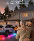 Car Underglow Lights RGBIC Kit With 16 Million Colors and 45 Scene Modes illuminating driveway as two men hug