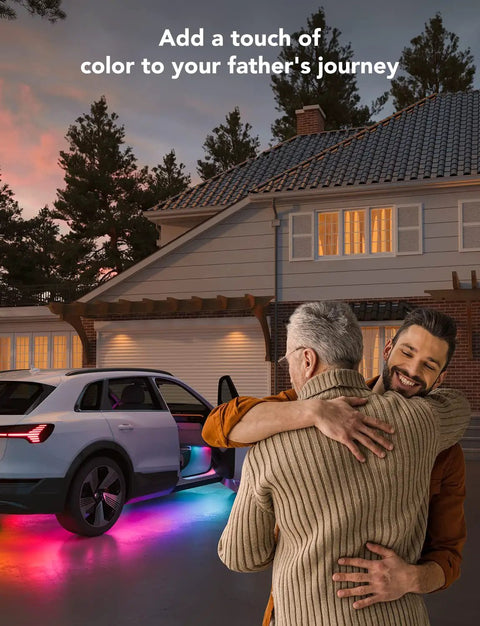 Car Underglow Lights RGBIC Kit With 16 Million Colors and 45 Scene Modes illuminating driveway as two men hug