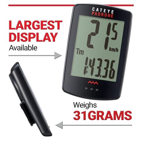 Padrone Wireless OF-100 Bike Computer With Oversized Display, showing speed and weight, side and front view.