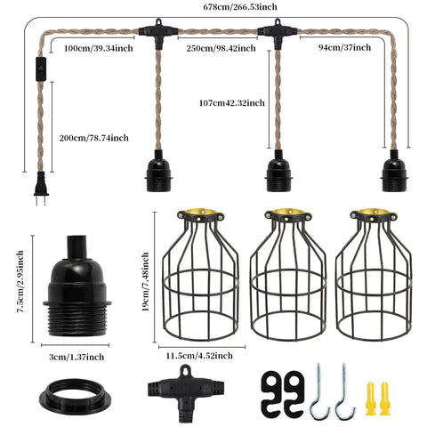 Dimensions and components of Three Light Plug In Pendant With Hemp Rope And Metal Cage Shades, 27 Feet Adjustable Twisted Rope