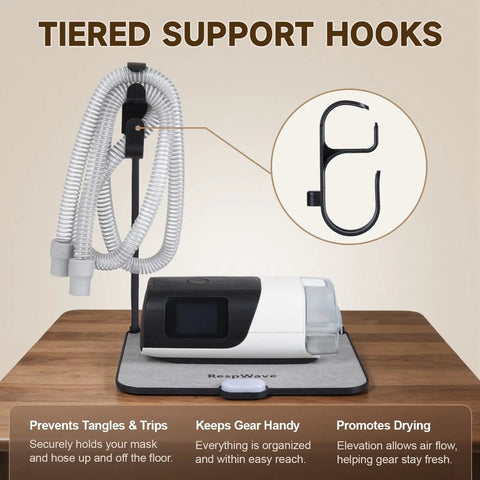 Must Have Bedside CPAP Hose Organizer With Absorbent Mat And Night Light Retractable Hook For Full Face Mask Tubing And Machine