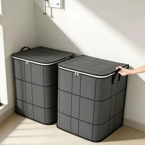 210 Liter Large Capacity Storage Bags Waterproof Dustproof Foldable Closet Organizers Heavy Duty Moving Bags With Handles and Zippers For Clothes Comforters Blankets 1 Pack, shown in a set of two, black color, with zippers and handles.