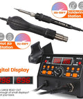 2-In-1 Hot Air Soldering Station Kit With 60W Soldering Iron, displaying digital temperature settings and dual tool setup.
