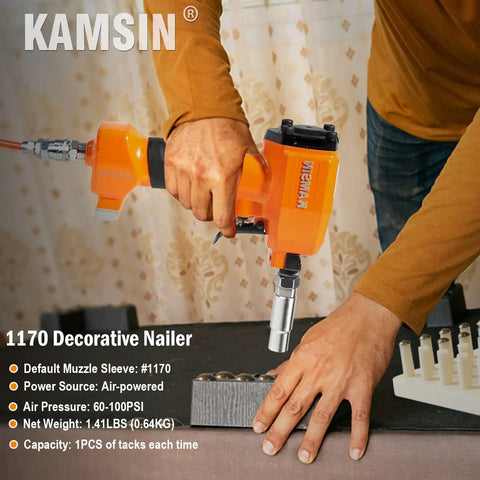 Person using Pneumatic Decorative Nailer For Upholstery Tack Gun, Air Nail Gun For Thumbtacks And Nailheads.