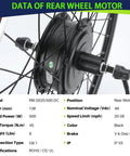 Close-up of rear wheel with 48V 500W Electric Hub Motor Kit for Bicycles, featuring data specifications and black components.